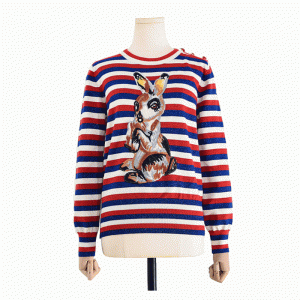 100% памучен пуловер с ивици жакардови заешки кръпки трикотажни дами